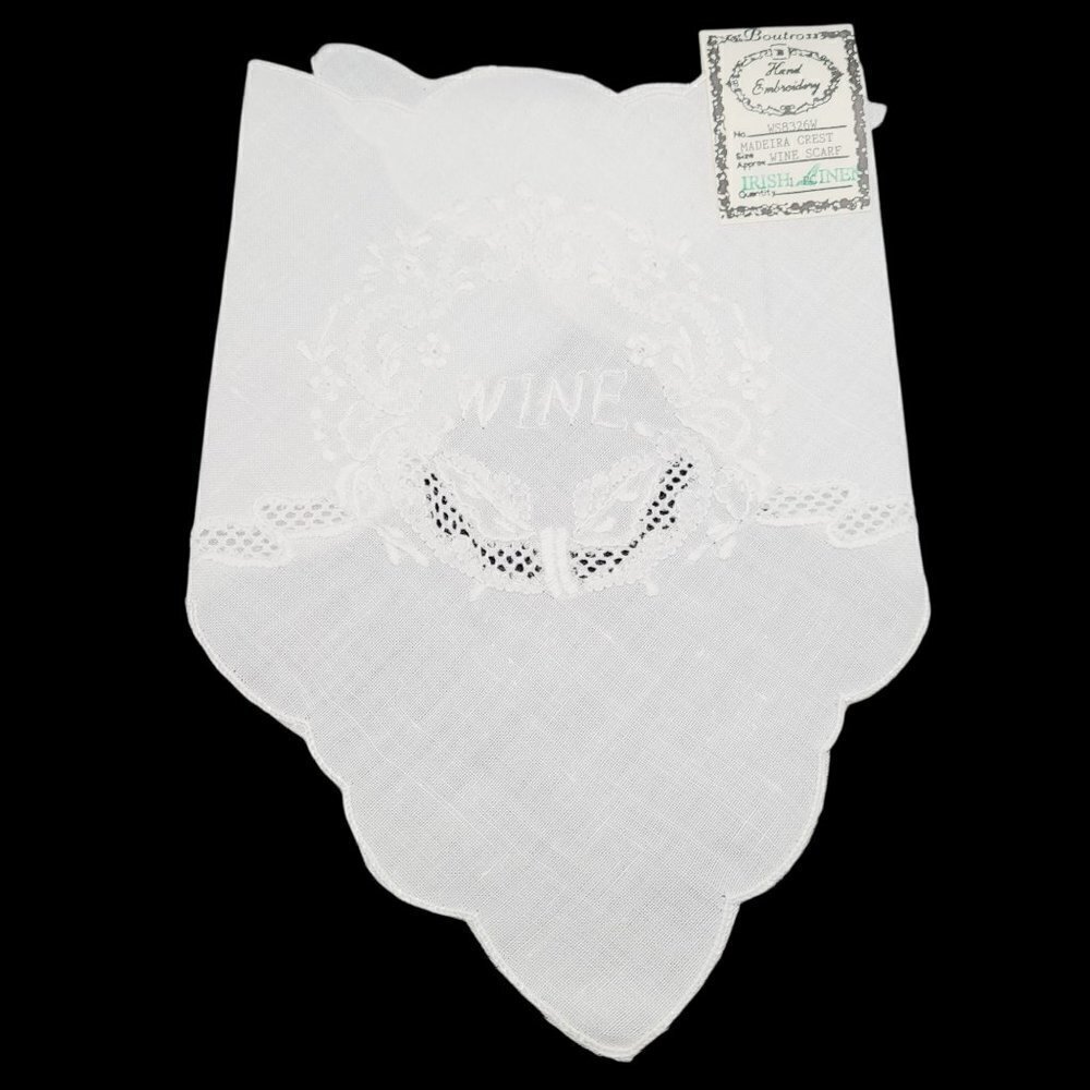 Vintage Boutross Hand Embroidered Irish Linen Madeira Crest Wine Scarf WS8326W